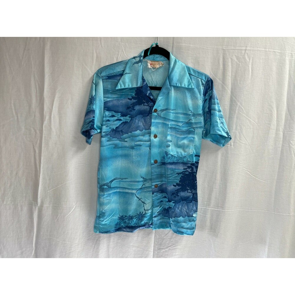 Vintage 1960s Kramer Hawaiian Shirt Blue Ocean Island Print No Size Tag
